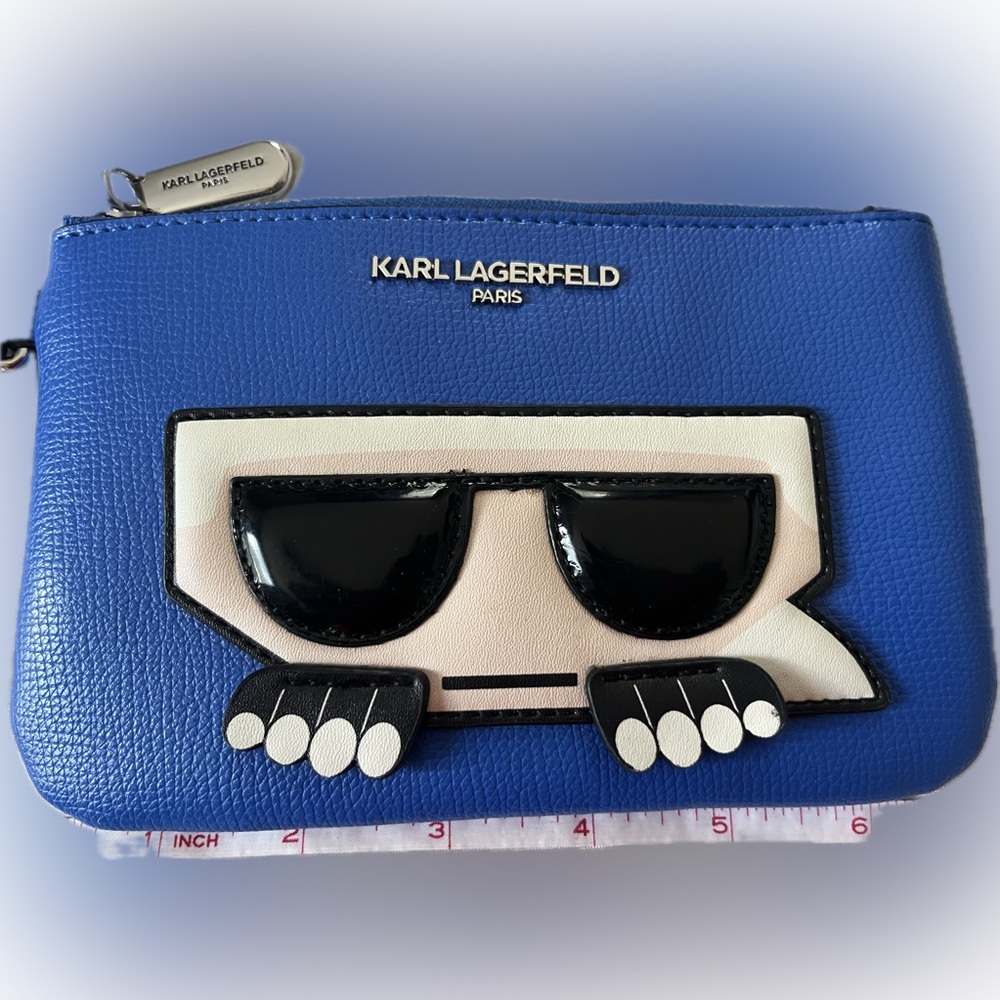 Karl Lagerfeld Paris Blue Wristlet Clutch Cartoon Face Graphic Zip Top - Picture 2 of 7